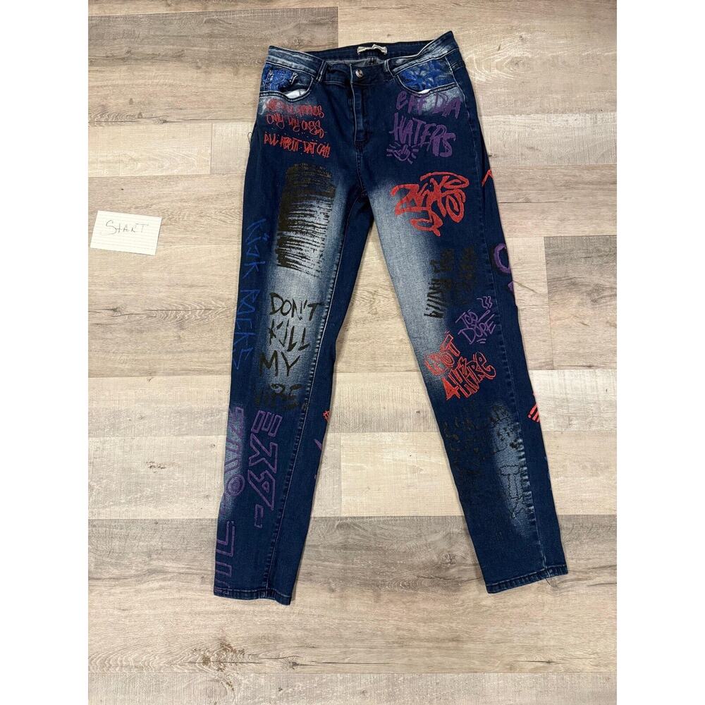 Blue Connection Distressed Graffiti Jeans Womens 15 Blue Denim 5 Pockets Preppy